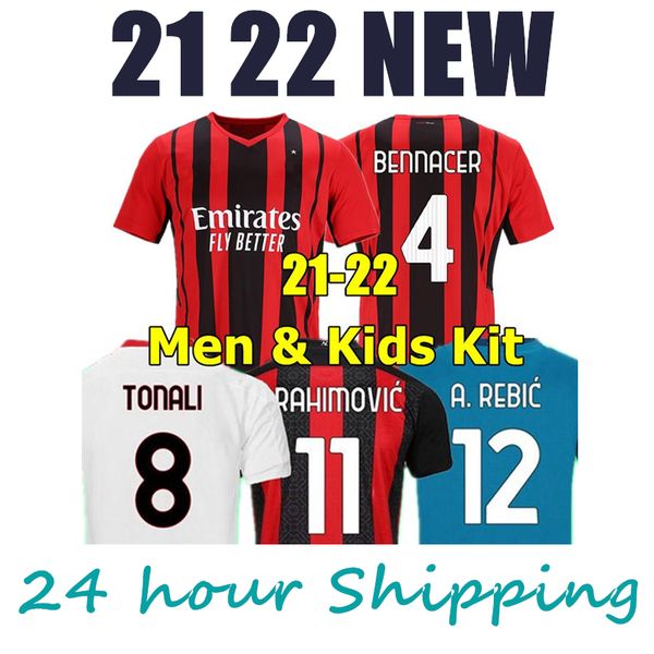 

21 22 ac soccer jersey 2021 2022 milan football shirt kids kit ibrahimovic paqueta bennacer rebic romagnoli calhanoglu tonali jersey, White;black