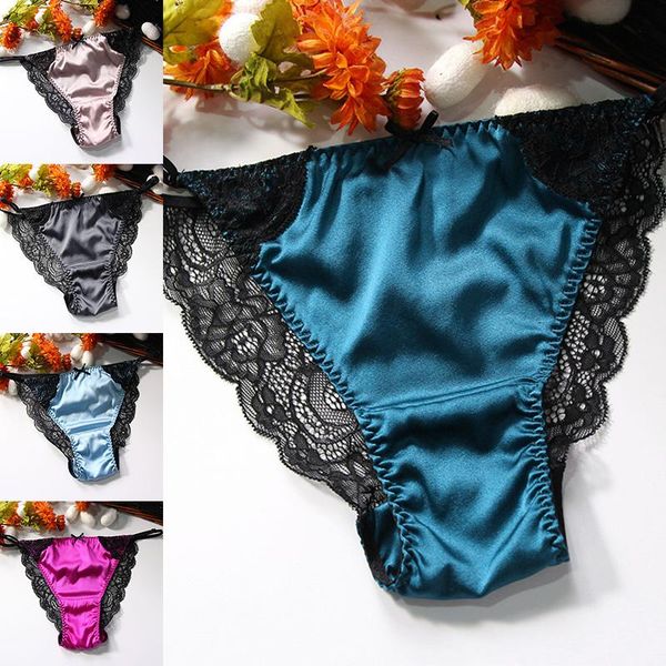

women's panties silk lace transparent briefs comfortable soft underpants pure color elastic seamless underwear, Black;pink