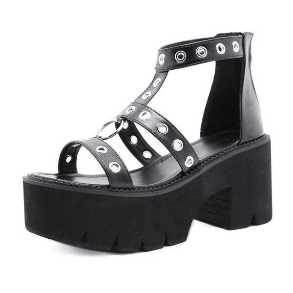 

black punk gothic platform sandals open toe buckle strappy summer shoes rivets thick heels footwear gladiator women
