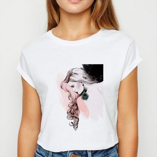 

beauty with long hair print women t shirt cute spring summer plus size graphic round collar, White