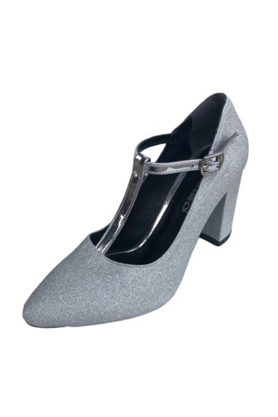 

410101-09 silver square heel glitter ladies shoes dress, Black