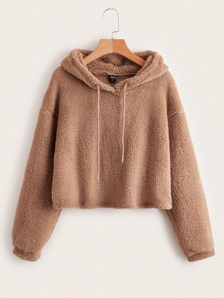 

plus drop shoulder drawstring teddy hoodie 88jq#, Black