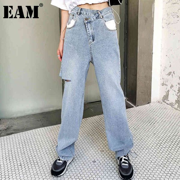 

[eam] high waist wide leg blue denim burrs hole long jeans loose women trousers fashion spring autumn 1dd6395 21512