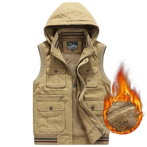 

men's vests autumn winter vest men casual thick hooded sleeveless jacket male warm fleece multi pocket tactical military waistcoat plus, Black;white