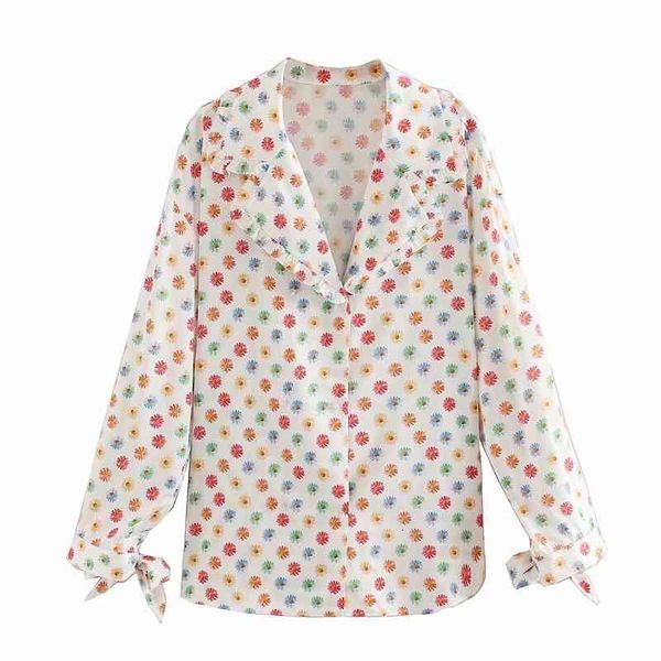 

women's knits & tees women summer korean style chic flower print long blouse sweet lady sleeve bow v-neck satin loose shirts, White