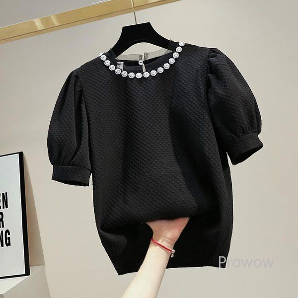 

women's blouses & shirts puff sleeve blouse women 2021 summer ladies beaded round neck short for, White
