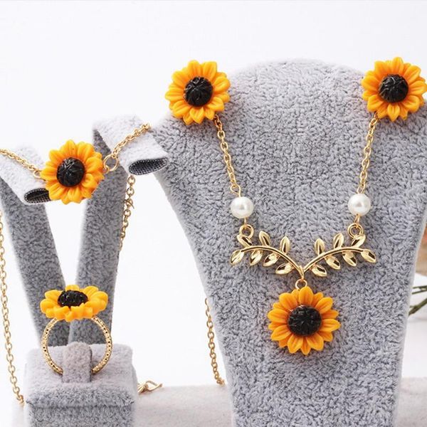 

earrings & necklace 5 pcs sunflower jewelry set stud ring bracelet women girls party fashion jewlery dropship, Silver