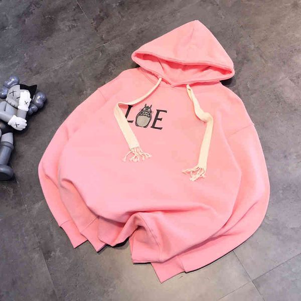 

2022 factory wholesale new model loe luo's couple embroidery printing loose casual versatile age reducing terry hooded sweater spring, Black