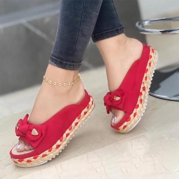 

low heels slippers women sandals 2021 summer bow-knot thick soles flat platform female beach shoes flip flops, Black