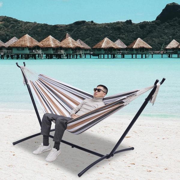 

camp furniture double classic hammock with stand for 2 person- indoor or outdoor use-with carrying pouch-powder-coated steel frame
