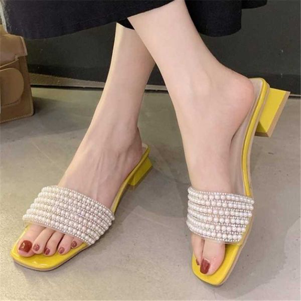 

slippers 2021 designer brand women open toe summer classic ladies beach slides string bead party dress med heel sandals, Black