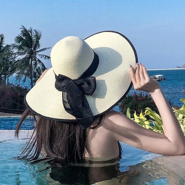 

sun hat summer protection big brimmed foldable outdoor beach riding uv female hats, Black;white