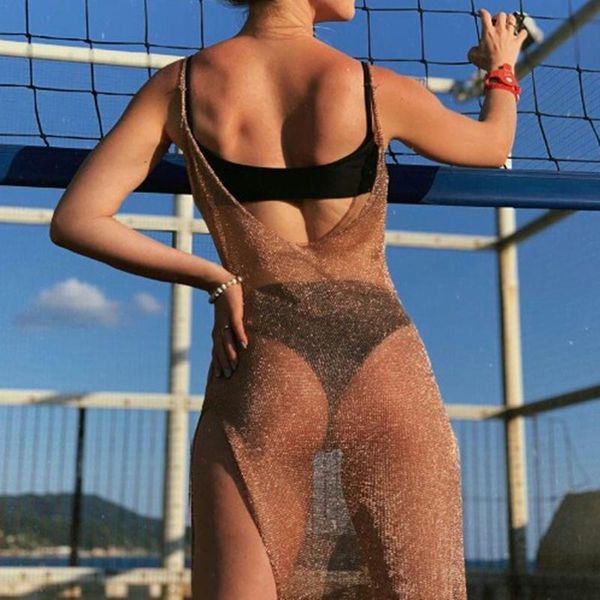 

women's swimwear boho hollow out bikini cover ups women sleeveless v neck see through maxi split dress holiday beach bathing suits, White;black