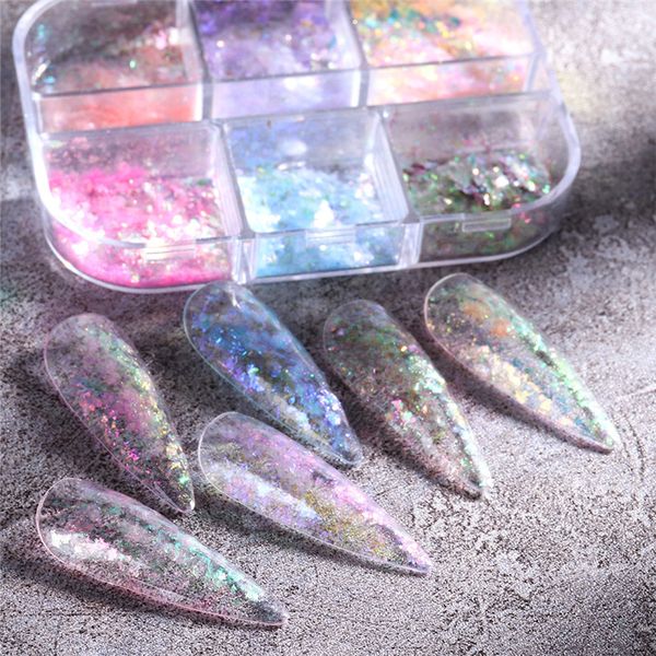 Atacado Nail Art Lantejoulas Neve Veludo Irregular Opala Glitter Pó Flake Aurora Sequin 6Colores Acrílicos Sereia Sereia Manicure Decorações