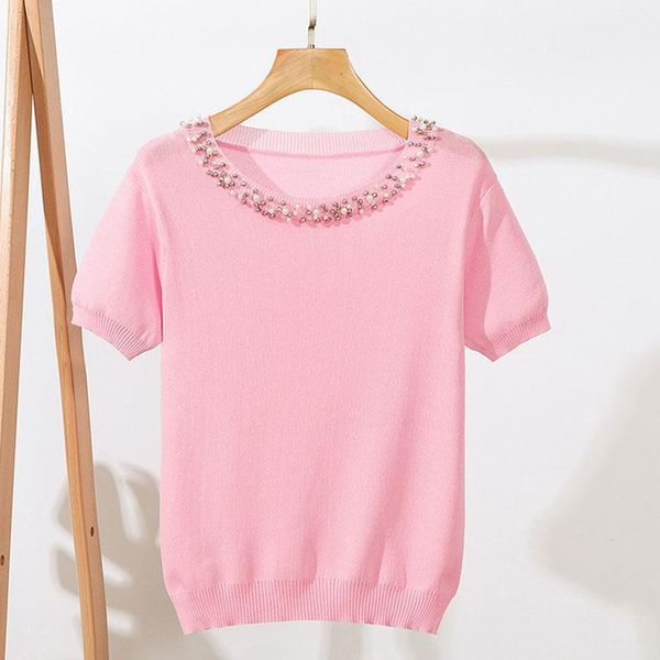 

summer beaded t shirts for women elegant knitted causal shirt, White