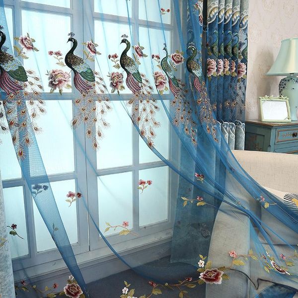 

curtain & drapes luxury exquisite blackout curtains for living room blue peacocks embroidery floral tulle voile bedroom m043z