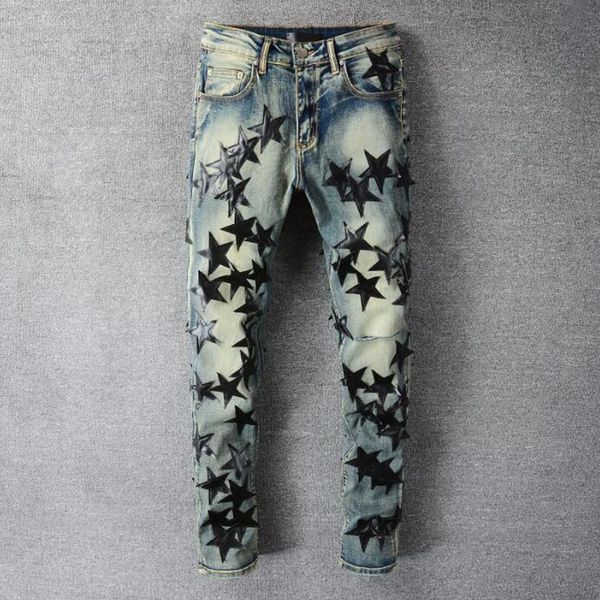Уличная одежда дизайнер лоскутное бренд JEAN высококачественные мужчины хип-хоп кожаная звезда шить разорванные джинсы джинсовые брюки светло синий