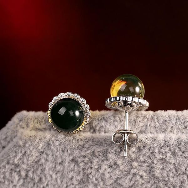 

stud s925 sterling silver amber earrings for women mexican natural blue elegant women's jewelry wholesale, Golden;silver