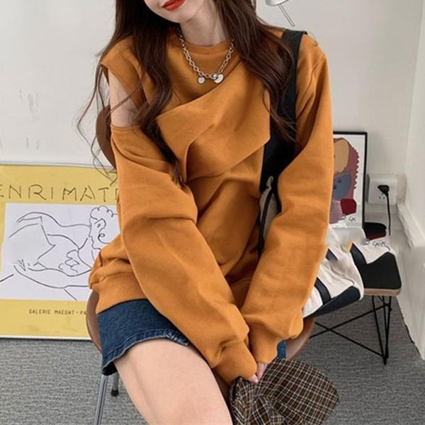 

women's hoodies & sweatshirts designer casual loose girls hoodie preppy style fashion street wear asymmetric solid yellow pullover kore, Black