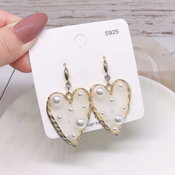 

925 silver needle earrings charm french jelly acrylic pearl fresh temperament net red explosion earring simple and wild heart-shaped ear jew, Golden