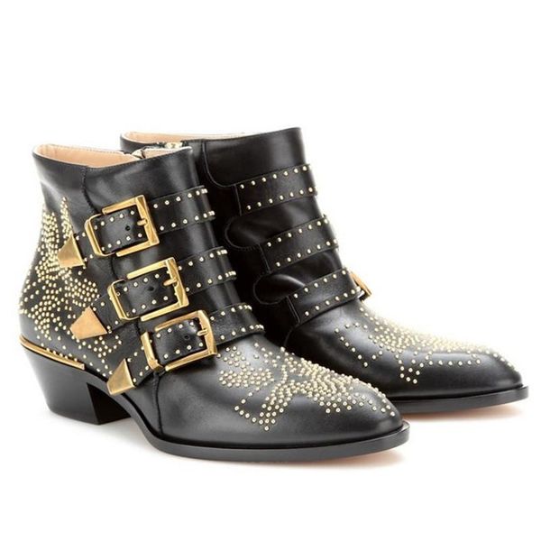 

boots rivets studded women ankle chunky heel botas mujer ladies genuine leather autumn short booties black dress shoes woman