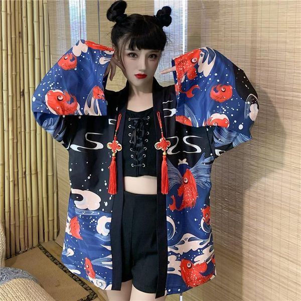 

ethnic clothing women japan fashion style 2021 summer long sleeve vintage carp wave print kimono cardigan girls casual loose soft haori, Red