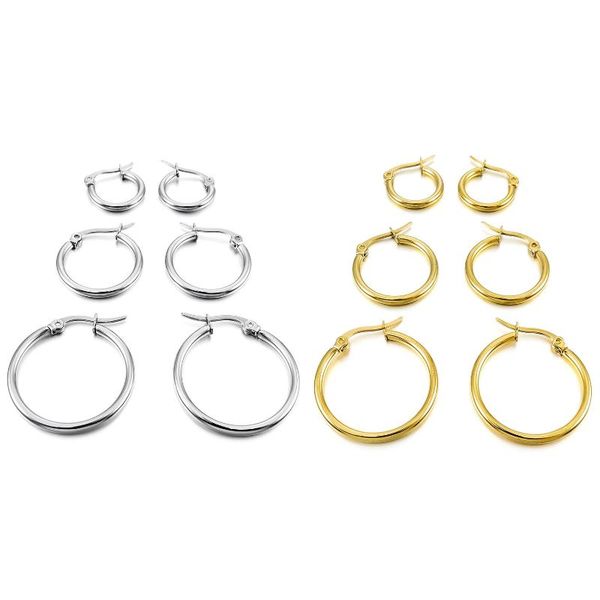 

hoop & huggie 3 pairs 15mm 20mm 25mm stainless steel huggies earrings set woman gold, Golden;silver