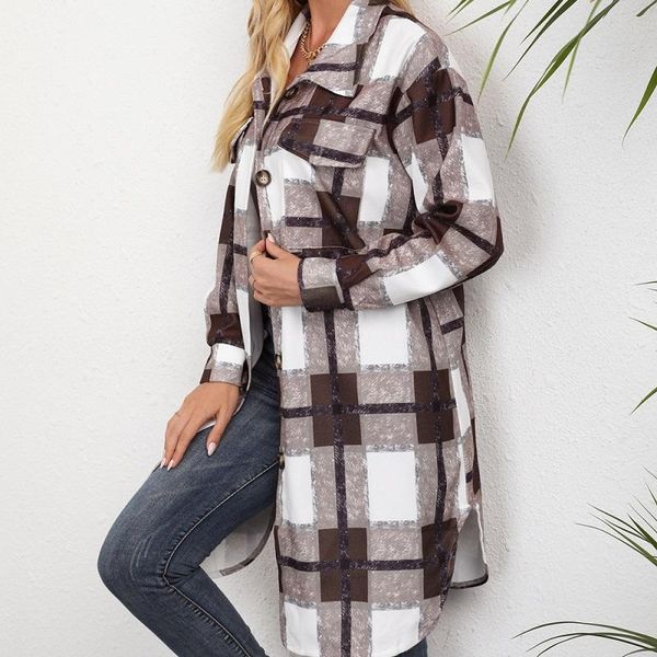 

women's wool & blends women coats checked shirt autumn winter woolen warm long plaid female elegant retro casual oversize jackets, Black