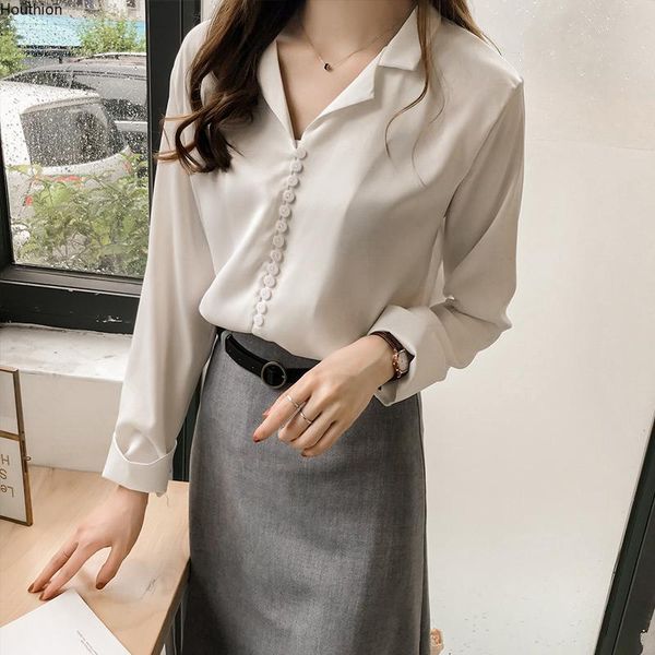 

women's blouses & shirts houthion long-sleeved blouse fashion casual solid color shirt retro breasted suit collar, White