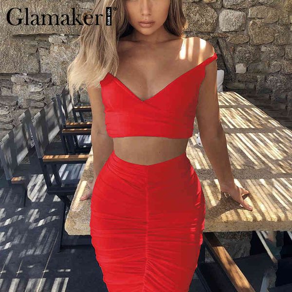 

glamaker deep v neck club dress women bodycon sleeveless vintage mini dress red backless pleated high waist two-pieces suit 210414, Black;gray