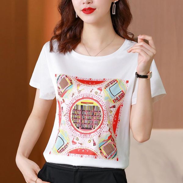 

women's t-shirt 2021 vintage white silk t-shirts women summer cotton short sleeved ladies femme tees shirt plus size