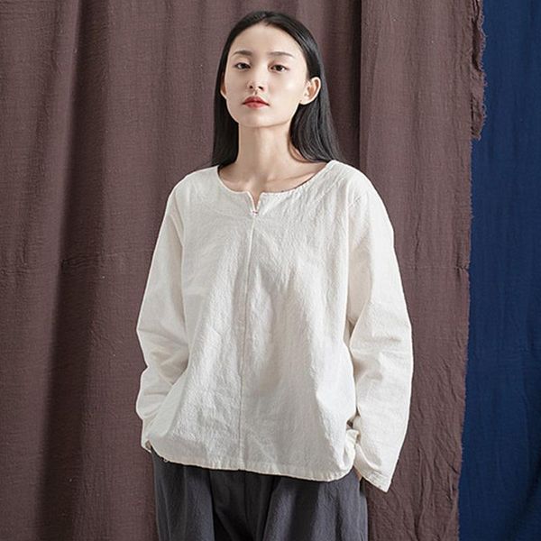 

women's t-shirt johnature women solid color cotton linen t-shirts vintage 2021 spring v-neck long sleeve chinese style cloths, White