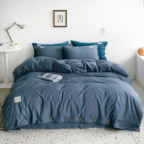 

bedding sets navy blue duvet cover set with button closure solid color soft 4pcs 100%cotton bed sheet wrinkle/fade resistant