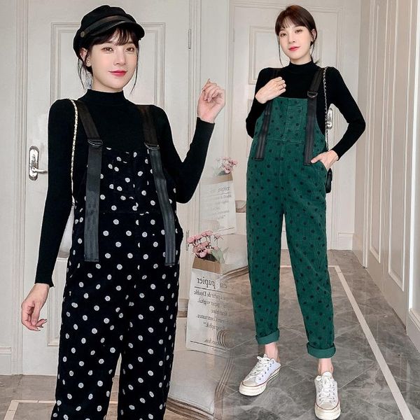 

winter pregnant women corduroy overalls plus size full length maternity jumpsuits loose fashion polka dot pants trousers bottoms, White