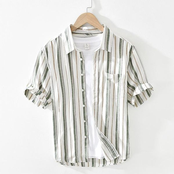 

summer men's shirts cardigan japanese square collar short-sleeve linen stripe thin pocket youth man office daily casual, White;black