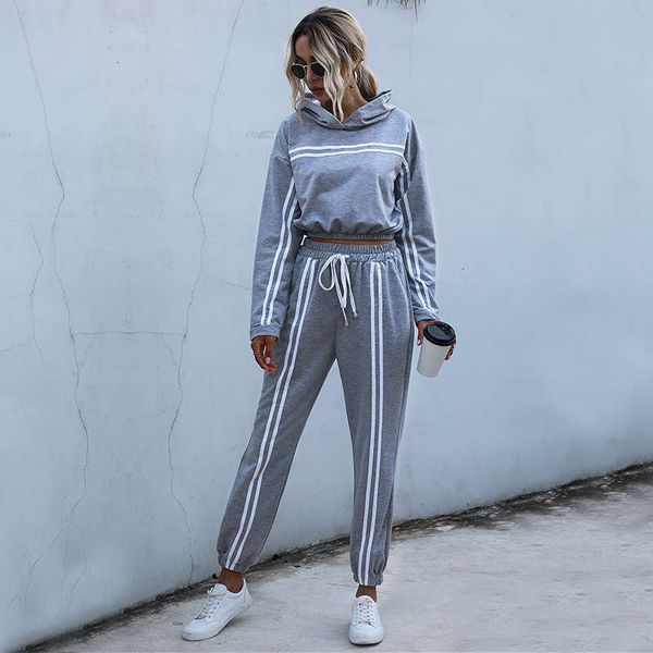 

sportswear autumn tracksuits women's winter stripe short hooded sweater casual pants 2-piece set, Gray