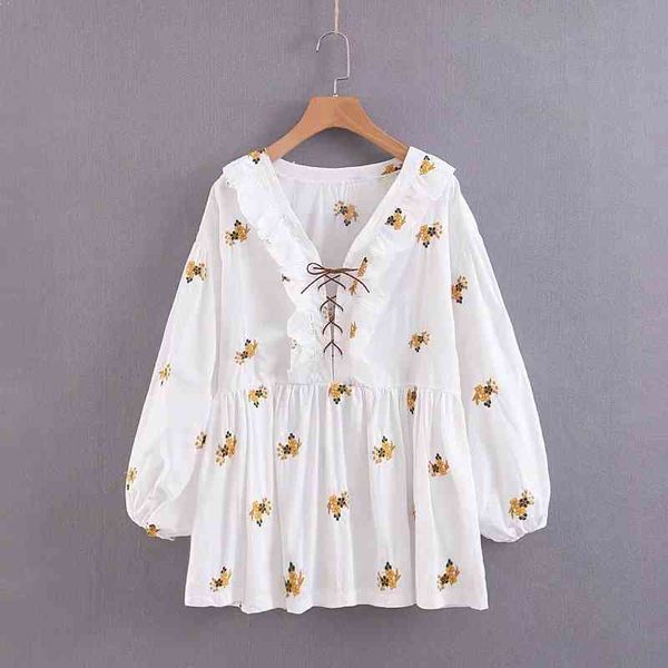 

flower embroidery v neck tie rope blouse women female lantern sleeve shirt loose smock summer blusas mujer s5765 210430, White