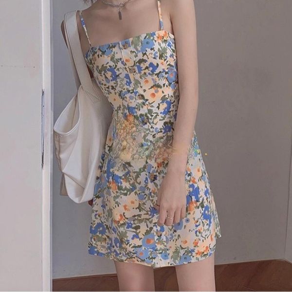 

casual dresses summer floral print strap dress women elegant backless designer cute female kawaii beach party mini 2021, Black;gray