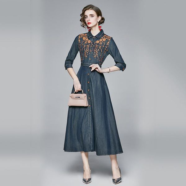 

casual dresses women spring luxury embroidery denim dress shirt long elegant party robe femme vintage designer vestidos, Black;gray