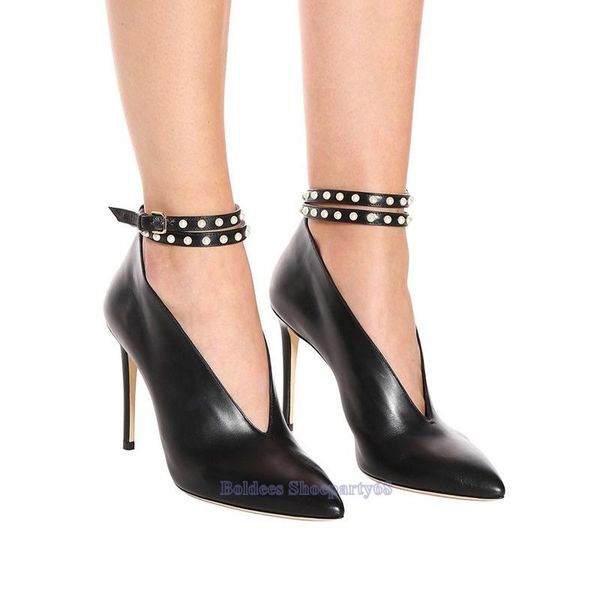 

dress shoes fashion black patent leather crystal beads ankle wrap pointed toe deep v pumps with feminine party thin high heels