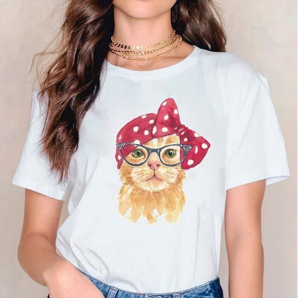 

90s cute cartoon cat womens polka dot clothing graphic ladies print lady female tee shirt, White