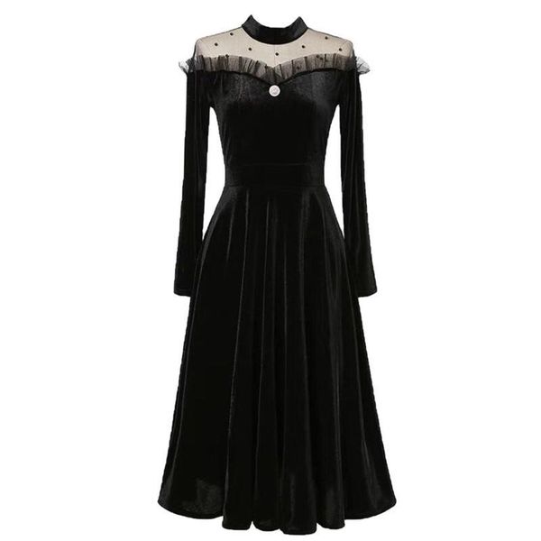 

casual dresses women 2021 year winter spring patchwork sheer mesh french black long elegant party velvet dress, Black;gray