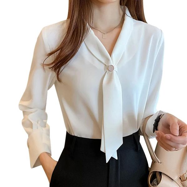 

women's blouses & shirts white blouse v neck bow with long sleeve spring autumn elegant blusa mujer plus size korean clothing