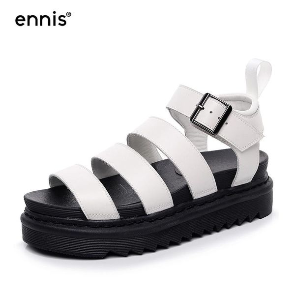

gladiator sandals women's summer shoes flat platform black white metal buckle thick bottomed fashion s104