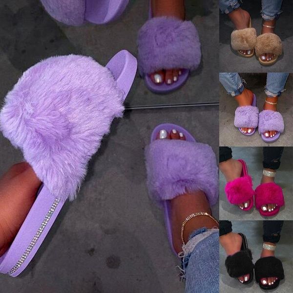 

slippers woman sandals non-slip casual indoor women fluffy comfortable warm fuzzy solid colors, Black