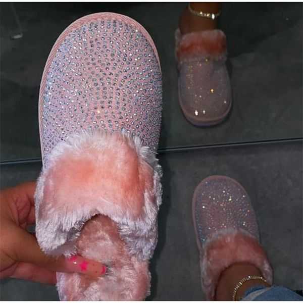 

women fur slippers glitter slides ladies home warm fluffy flat bling female house shoes woman crystal winter, Black