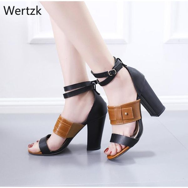 

summer pu women's sandals ankle strap mixed color woman high heels shoe women open toe fashion ladies cover b363, Black