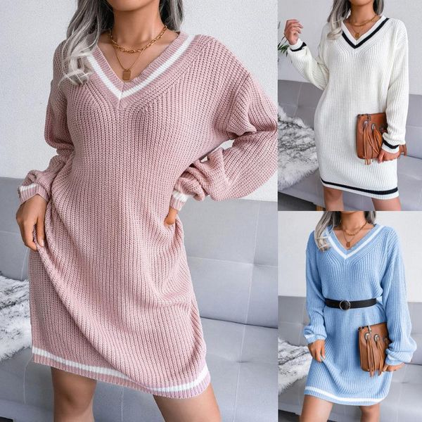 

casual dresses women v-neck long sleeve loose chunky knitted pullover sweater jumper dress autumn winter, Black;gray
