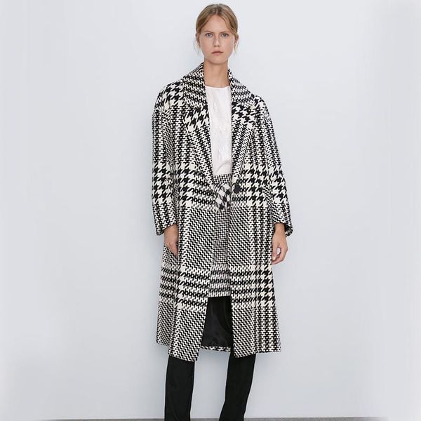 

wool plaid coat for women woolen overcoat female turn down 2021 jackets trench winter autumn long coats women's suits & blazers, White;black