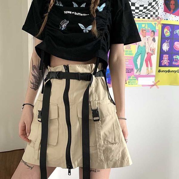 

skirts women's black casual punk belt hip hop zipper ulzzang harajuku gothic loose korean pocket high drop clothes
